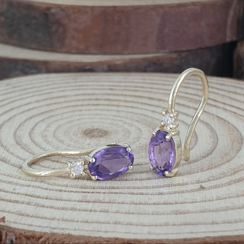 Realistic picture of 14k Gold, Purple Oval Shaped Amethyst and Diamond Hook Earrings