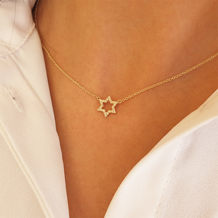 Additional image of 14k gold, 0.10ct diamonds tiny star of david necklace / choker / collar