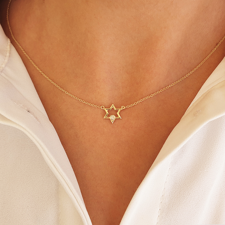 14k gold, 0.03ct diamonds tiny star of david necklace / choker / collar