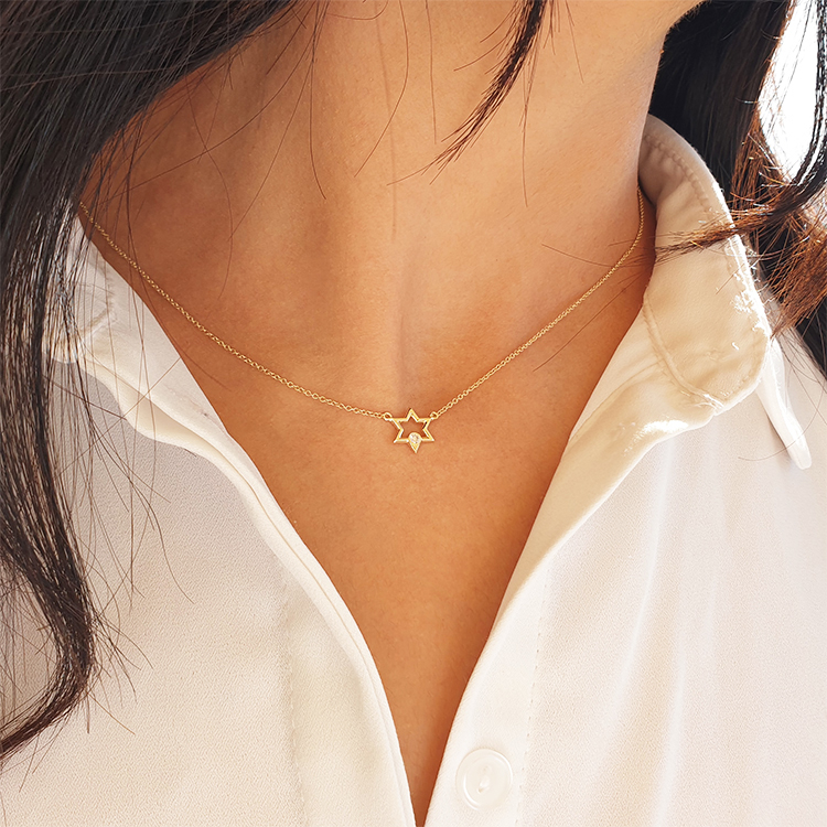 Additional image of 14k gold, 0.03ct diamonds tiny star of david necklace / choker / collar