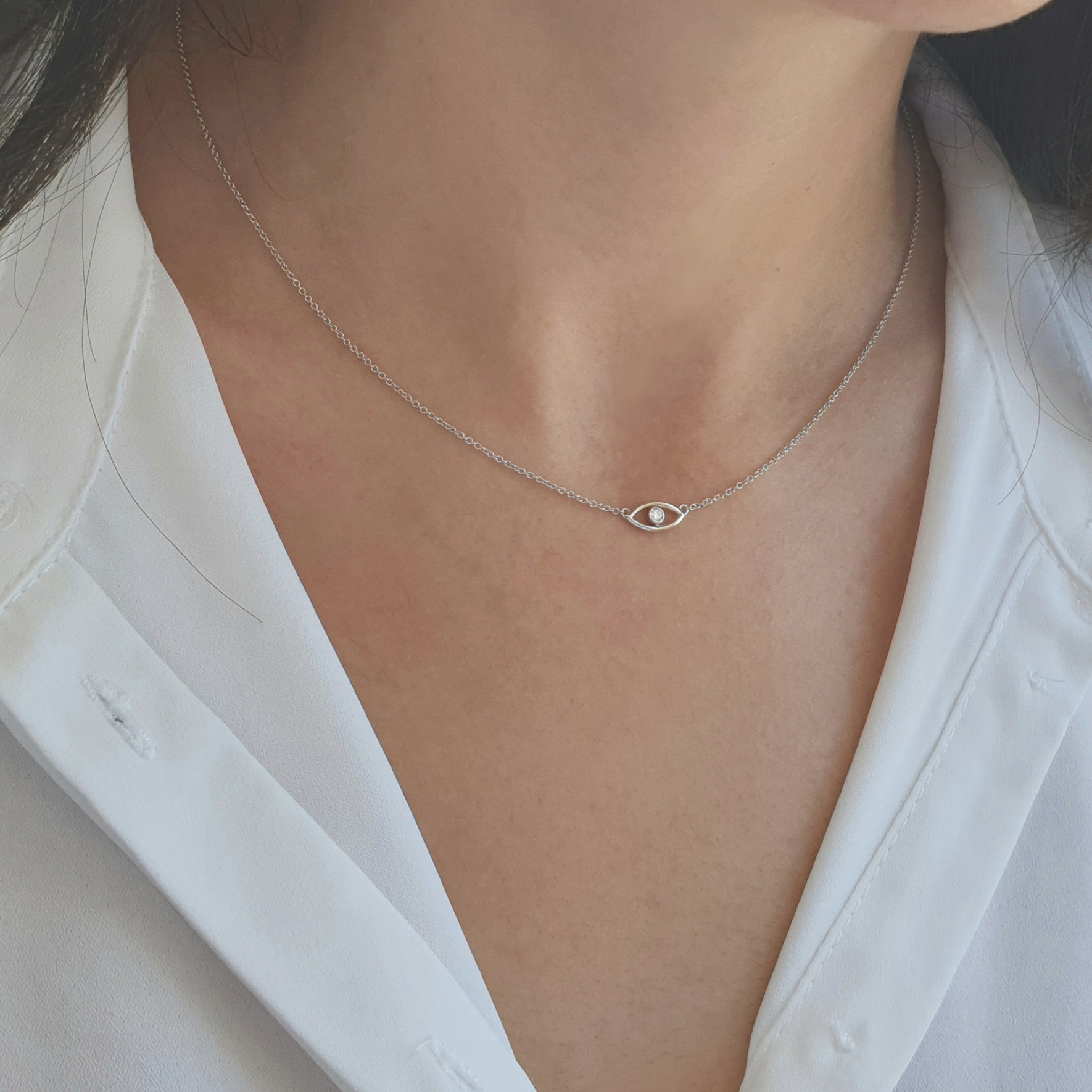 Additional image of 14k gold tiny evil eye diamond necklace / choker / collar