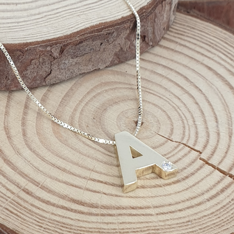 Additional image of 14K Gold Diamond Letter Pendant With a Special Brushed Finish 