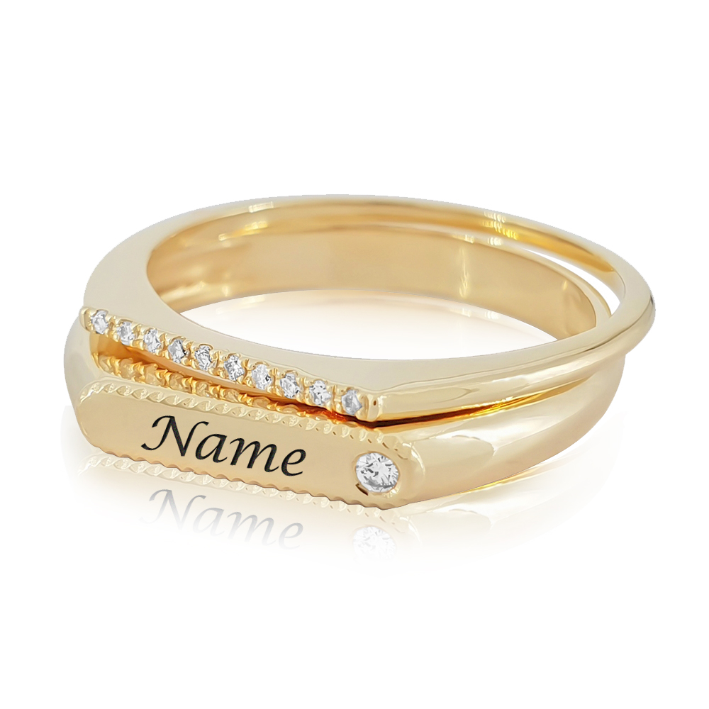 Diamond Square Top Stackable Ring Set in 14k Gold - Customizable Name