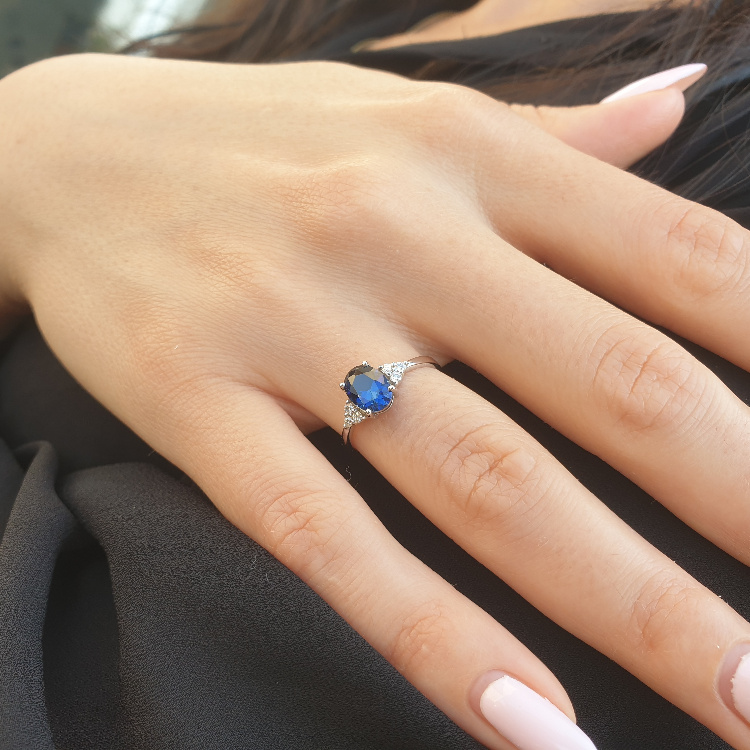 Additional image of Royal Blue Sapphire & Diamond Ring in 14k Gold