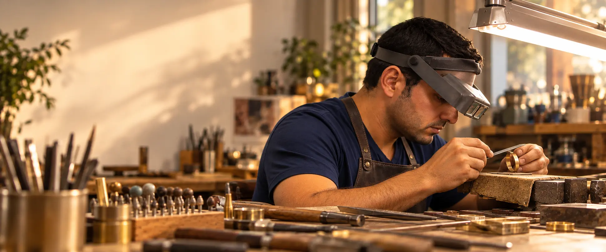 צורף של Shiri Diamonds בעבודת גימור ידנית על טבעת זהב בסדנת הצורפות